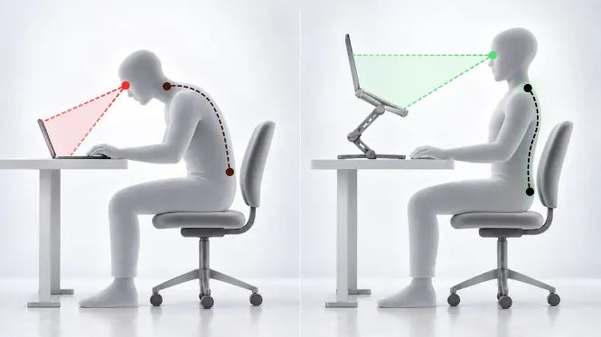 Side-by-side comparison: hunched over a laptop without a stand, and sitting upright with the laptop raised on INNOVIO Dual Pro